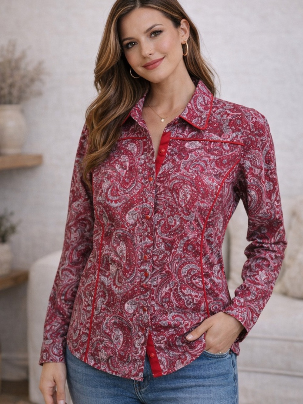 Western Lamasini Red Paisley Button-Up Shirt size S -100% cotton
